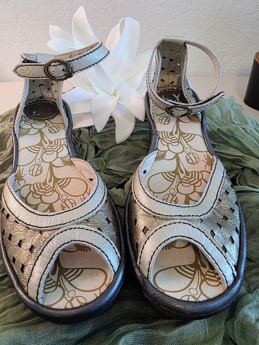 Fly London Golden Silver Metallic Open-Toe Ankle Strap Sandals
